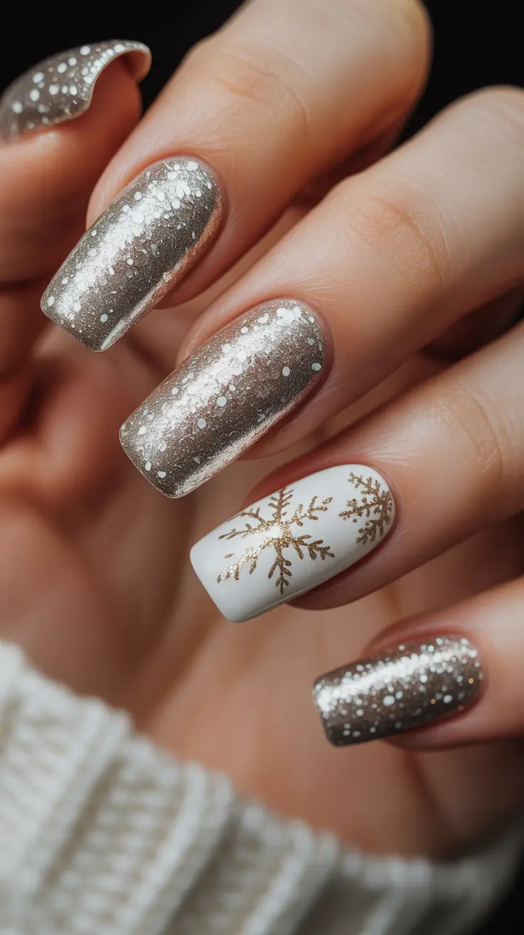 Modern Gel Manicure Winter 2025-2026 - Champagne Glitter With Gilded Flake