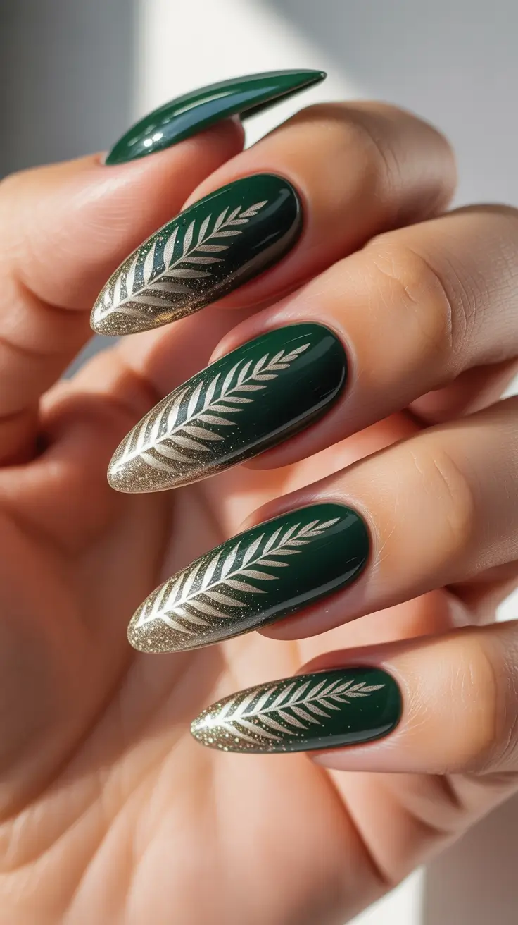 Modern Gel Manicure Winter 2025-2026 - Deep Evergreen With Gilded Fern Ribbons