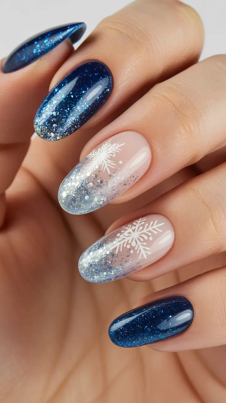 Modern Gel Manicure Winter 2025-2026 - Midnight Blue Snowfall Ombre