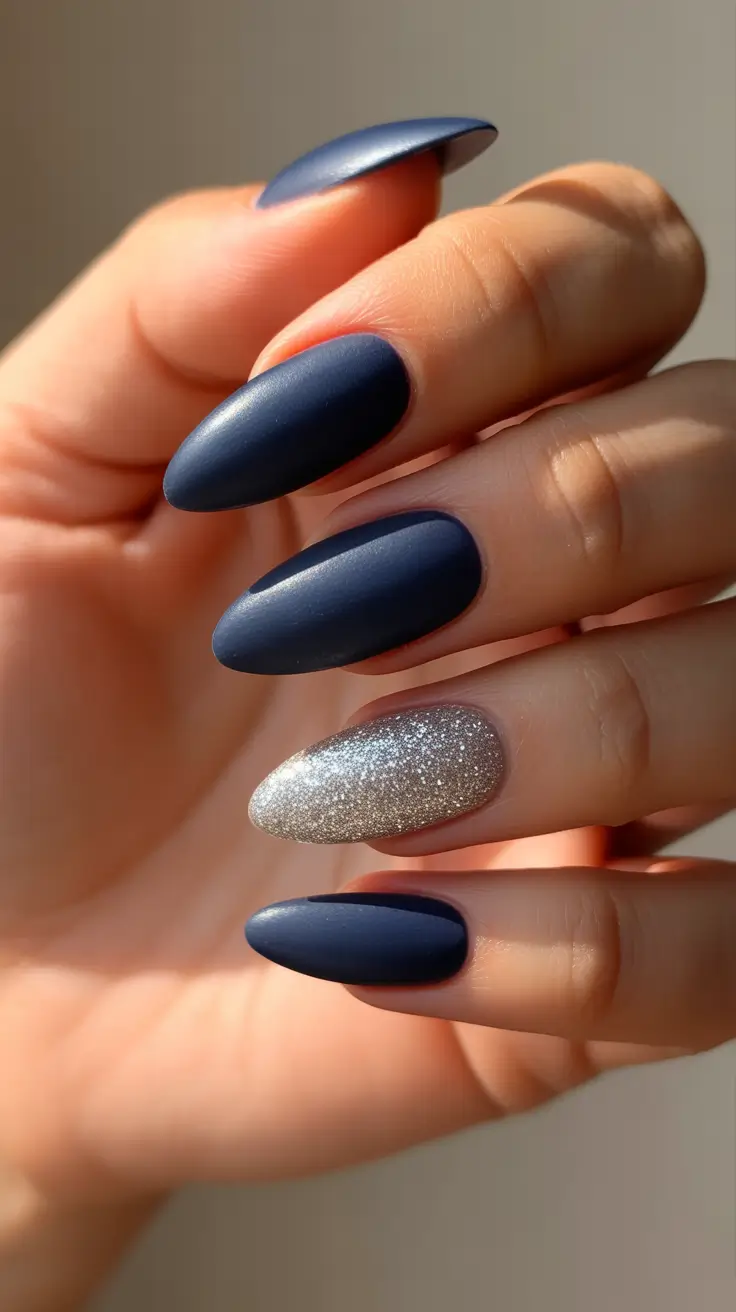 Modern Gel Manicure Winter 2025-2026 - Matte Navy With Stardust Accent