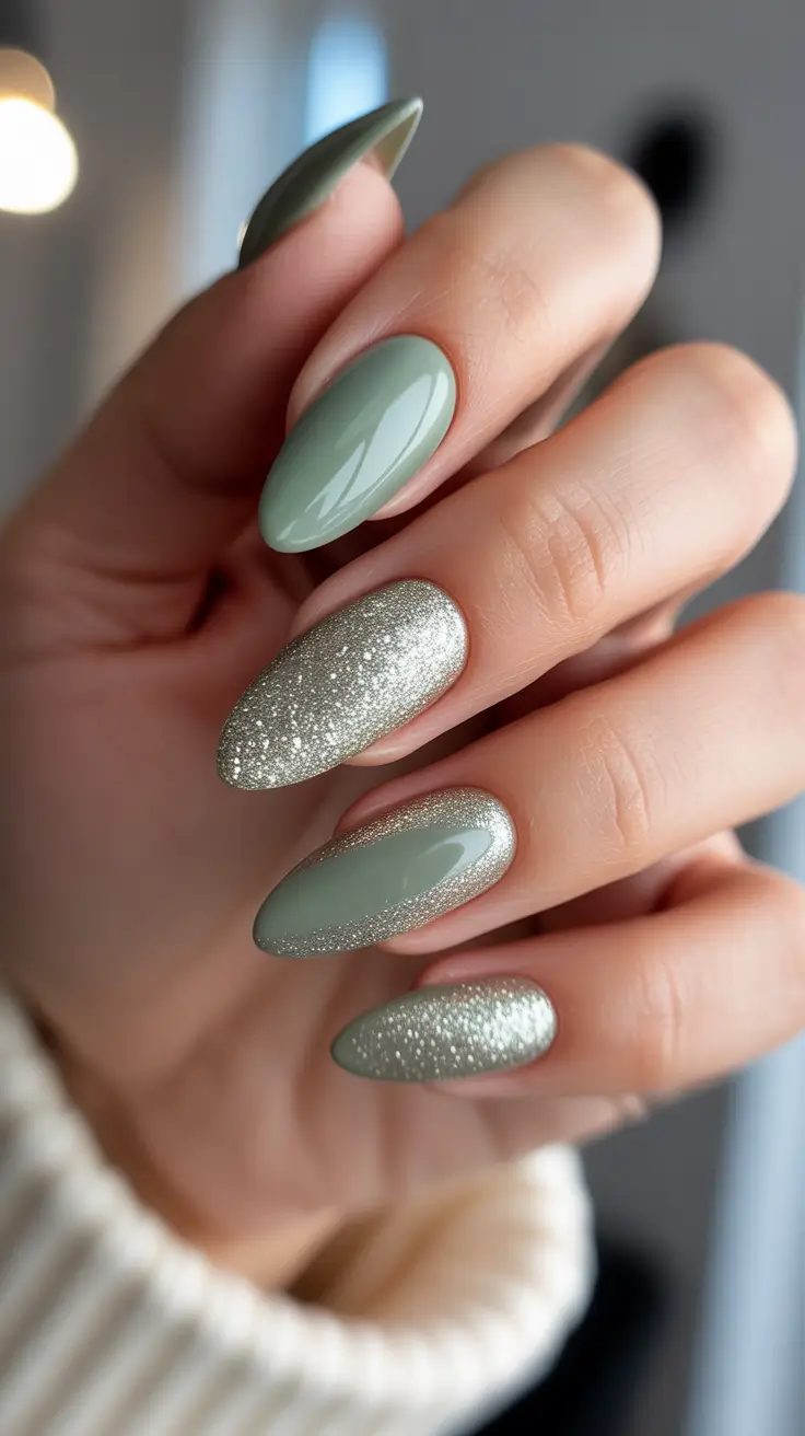 Modern Gel Manicure Winter 2025-2026 - Sage Velvet With Champagne Sparkle