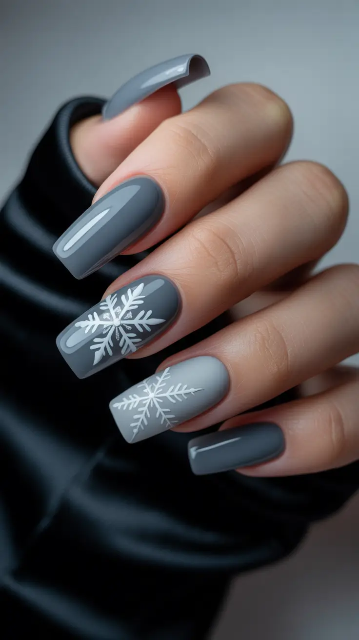 Best Winter Nail Looks 2025–2026 - Storm-Grey Snowflakes on Sleek Square Tips