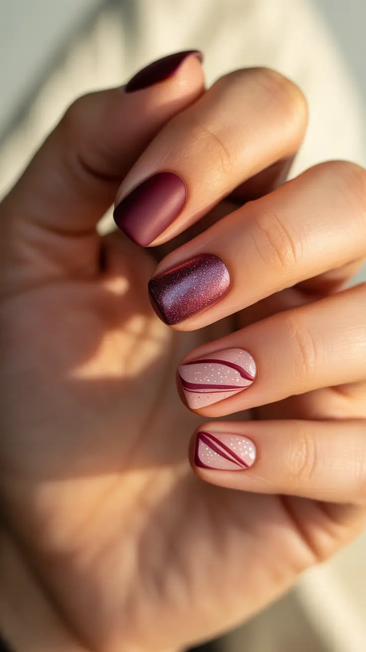 Best Winter Nail Looks 2025-2026- Matte Mulled Wine With Graphic Lines