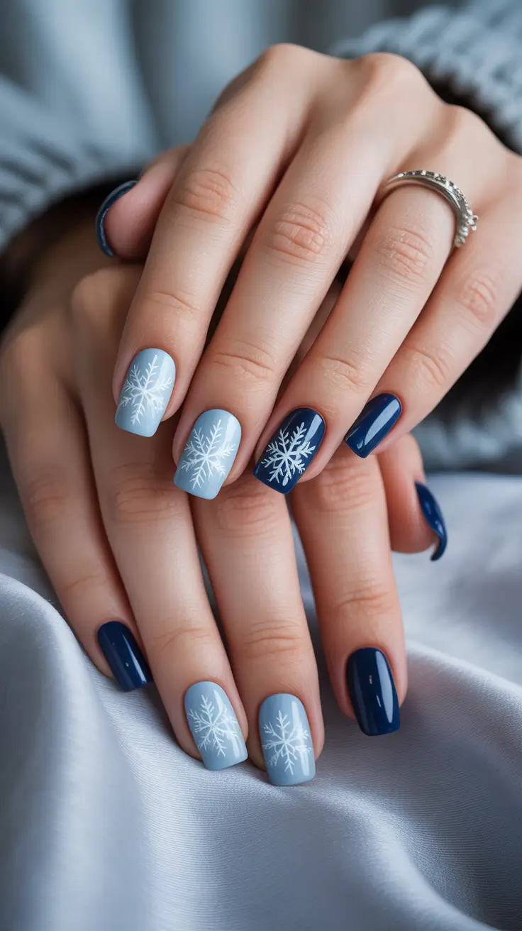 Best Winter Nail Looks 2025–2026 - Pale Sky and Navy Snowflake Mix