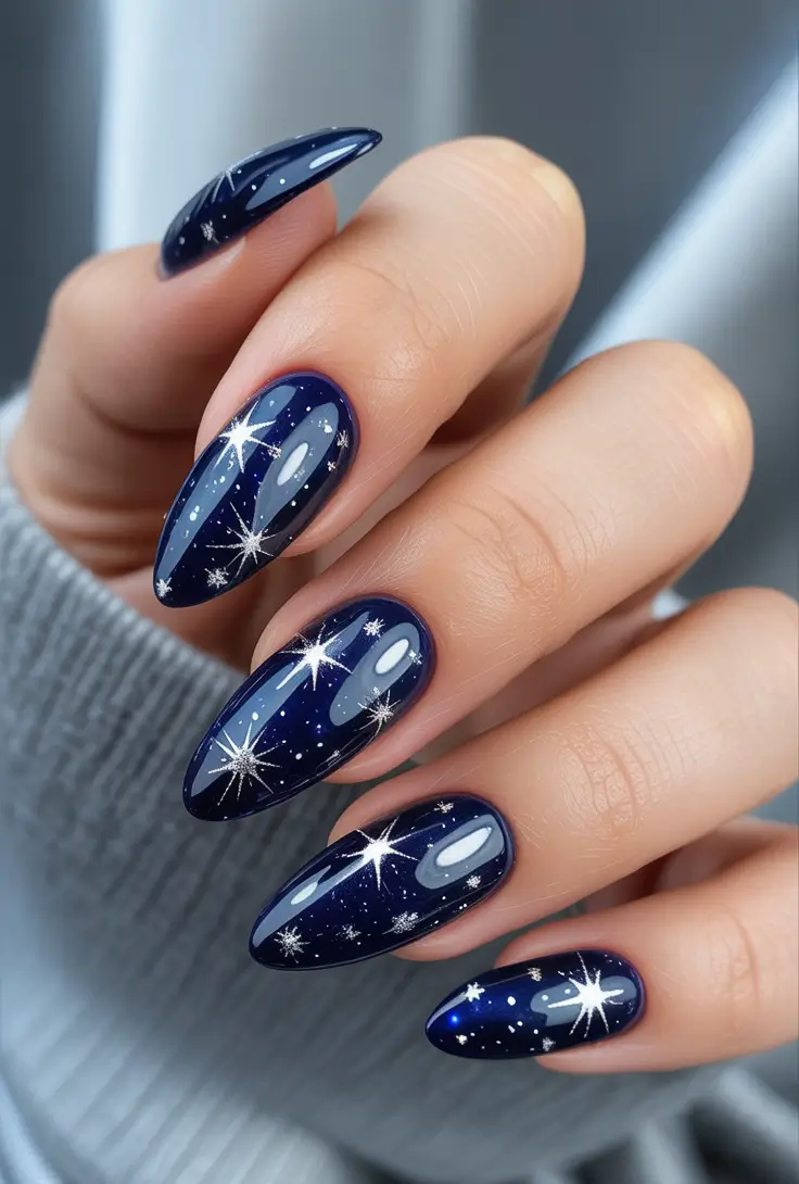 Starlit Navy Almonds, Best Winter Nail Looks 2025-2026
