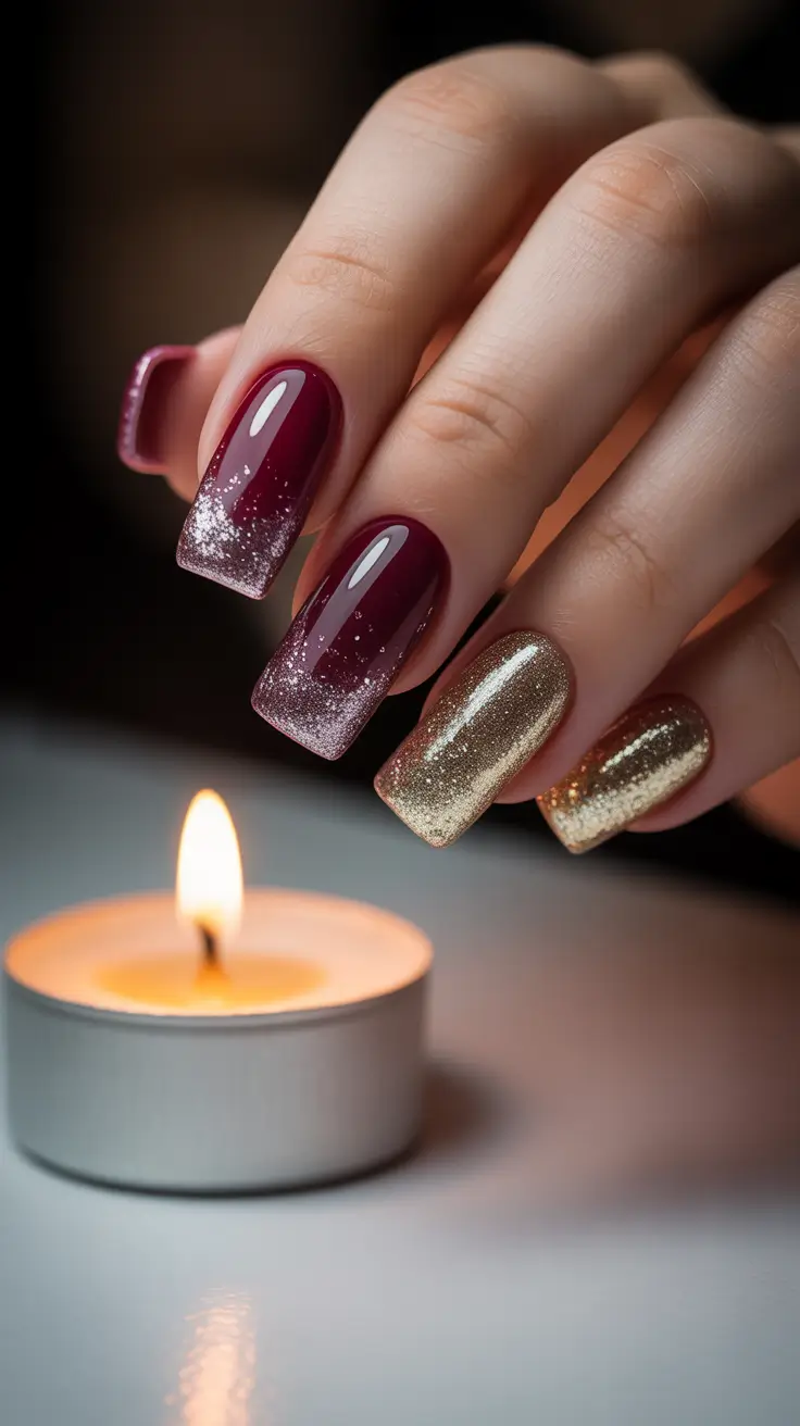 Best Winter Nail Looks 2025-2026 - Candlelit Garnet With Champagne Foil Glow