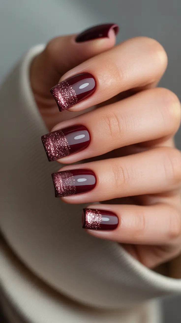Best Winter Nail Looks 2025–2026 - Merlot Micro-Glitter French