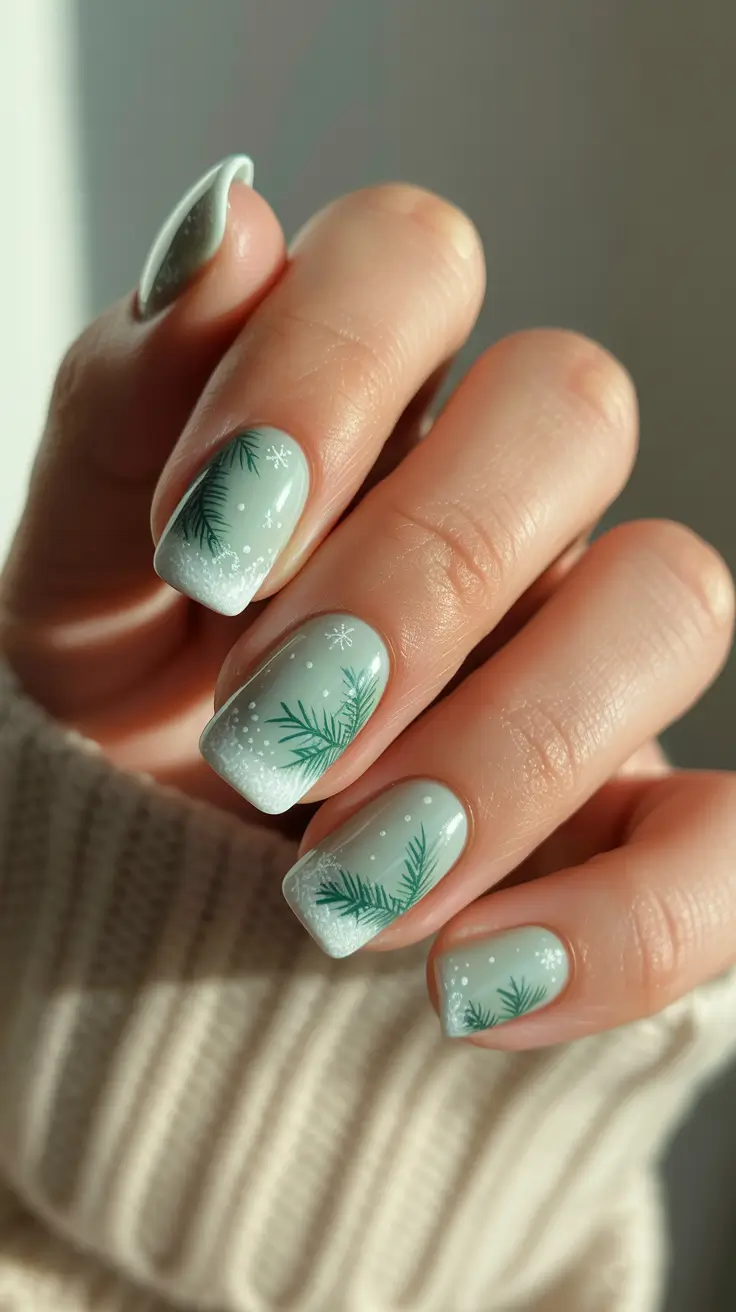 Best Winter Nail Looks 2025-2026 - Soft Sage With Evergreen Sprigs And Snow