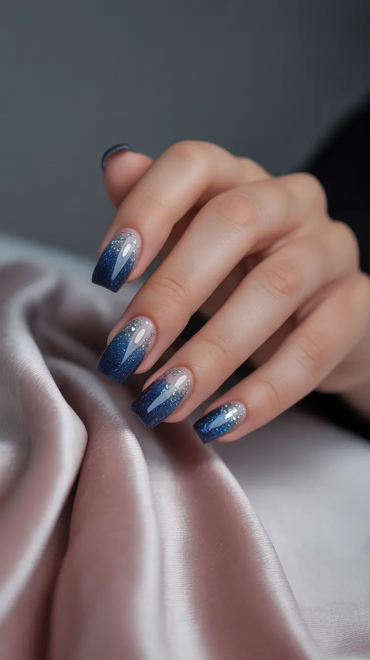 Best Winter Nail Looks 2025-2026 - Navy Aurora Tips With Sparkle Arcs
