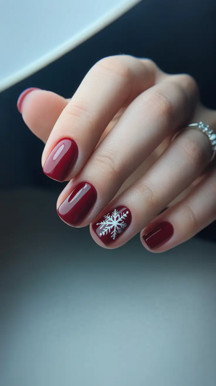 Best Winter Nail Looks 2025–2026 - Cranberry Finish With Single Snowflake Accent