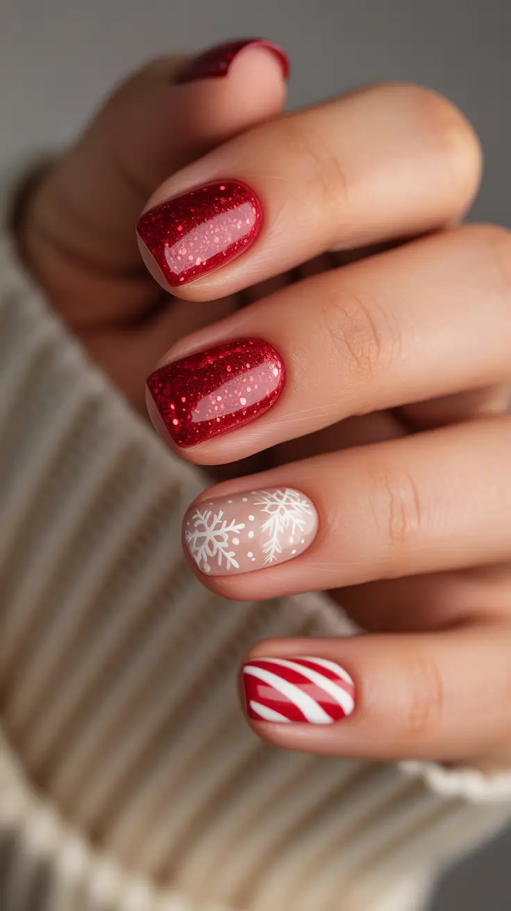 Best Winter Nail Looks 2025-2026 - Candy-Red Party Mix With Snowflake And Peppermint Stripe