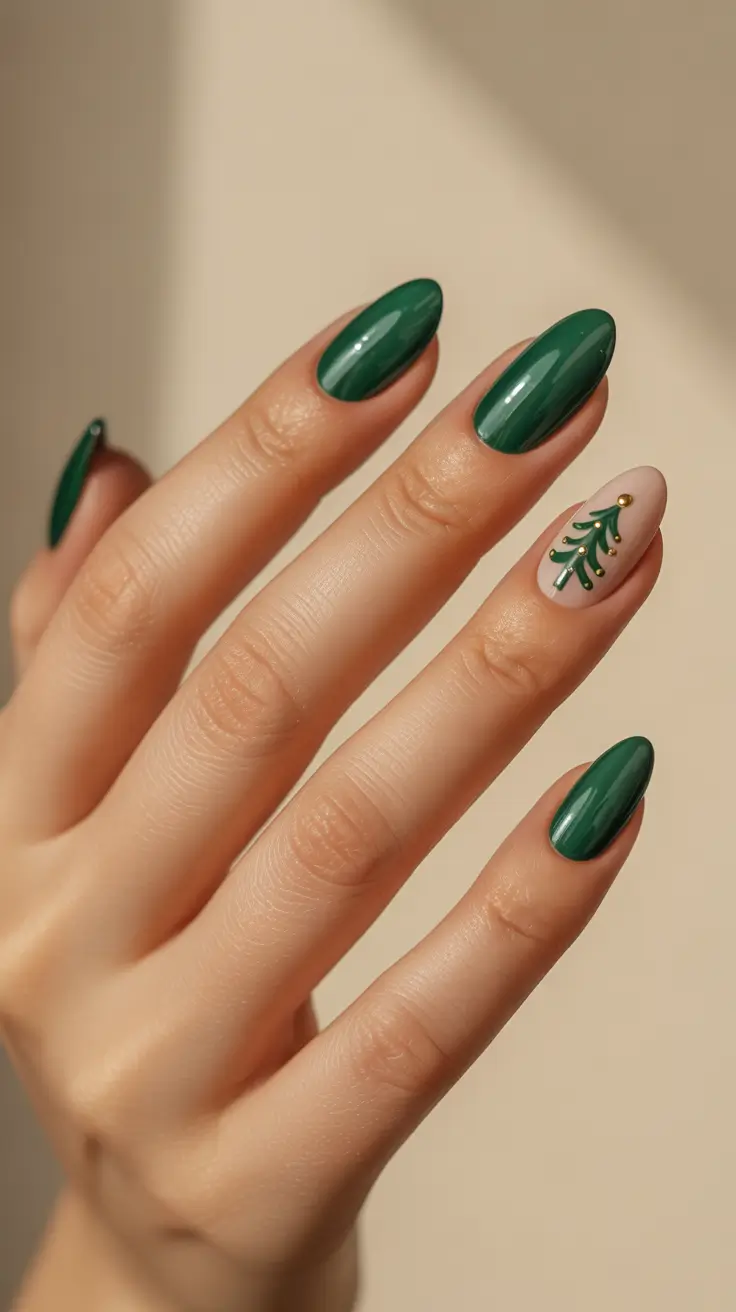almond nails and color ideas: winter 2025 - 2026 - Emerald Gloss With Minimal Tree Accent