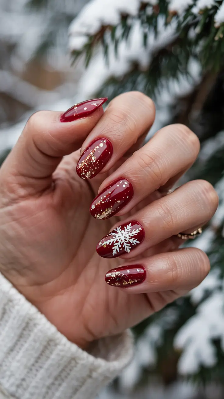 almond nails and color ideas: winter 2025 - 2026 - Cranberry Gloss With Gold Flurry