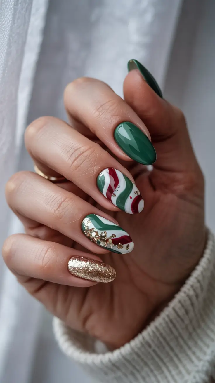 almond nails and color ideas: winter 2025 - 2026 - Evergreen Mix With Candy Swirls
