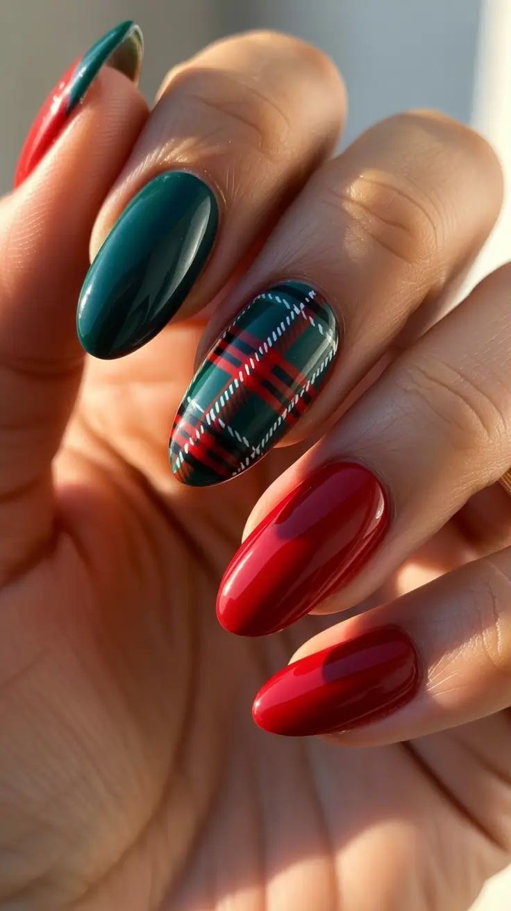 almond nails and color ideas: winter 2025 - 2026 - Highland Plaid With Evergreen And Crimson