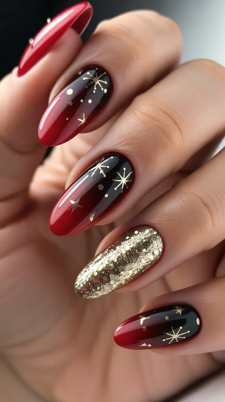 almond nails and color ideas: winter 2025 - 2026 - Garnet To Noir With Gilded Sparks