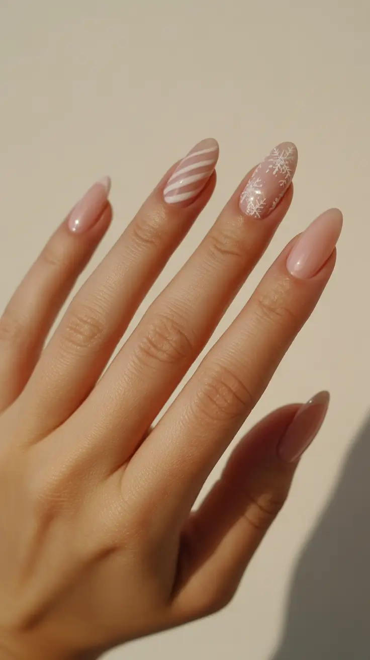 almond nails and color ideas: winter 2025 - 2026 - Soft Blush With Candy-Stripe And Lace Flurry