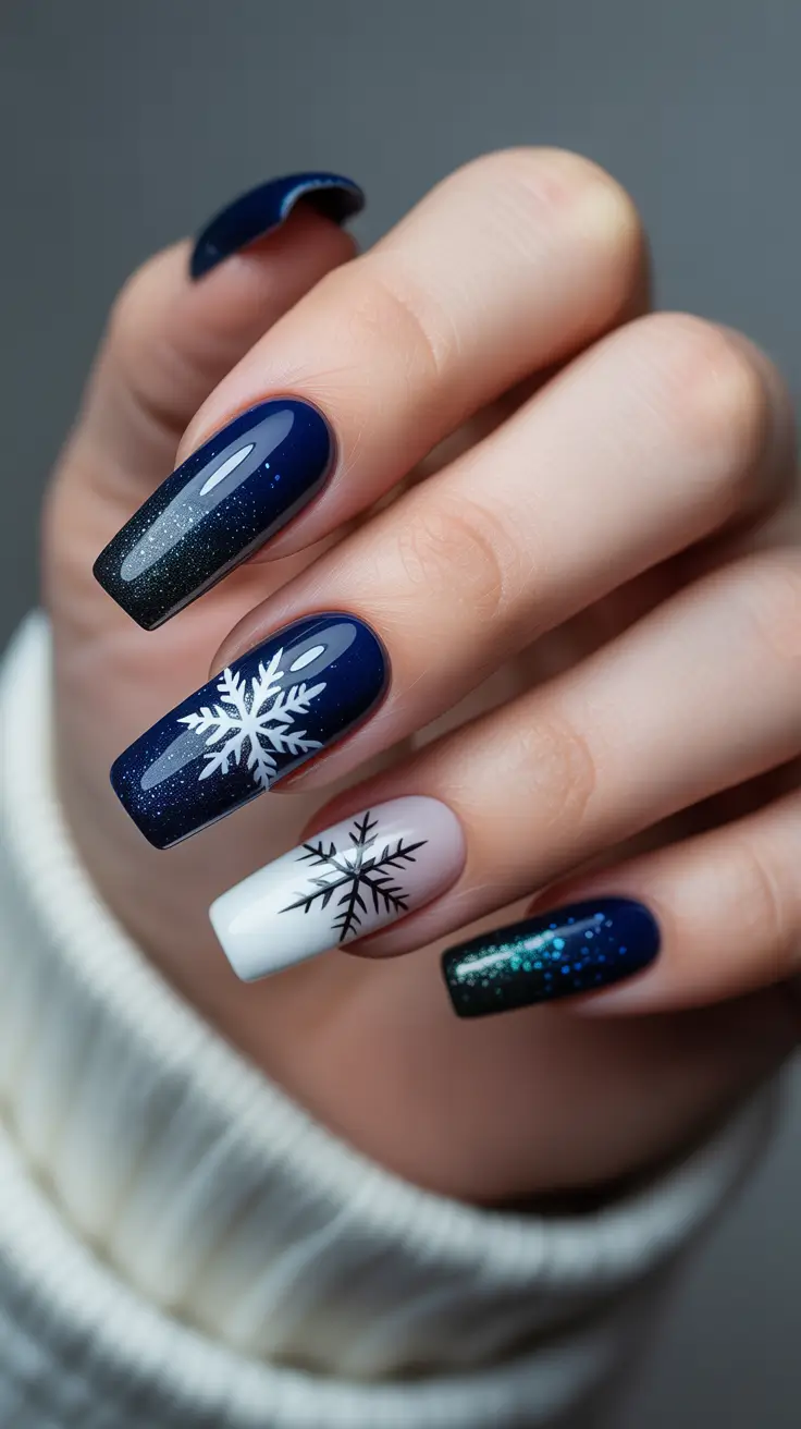 Trendy Winter Nail Designs & Colors 2025–2026 - Midnight Snowflakes On Glossy Coffins