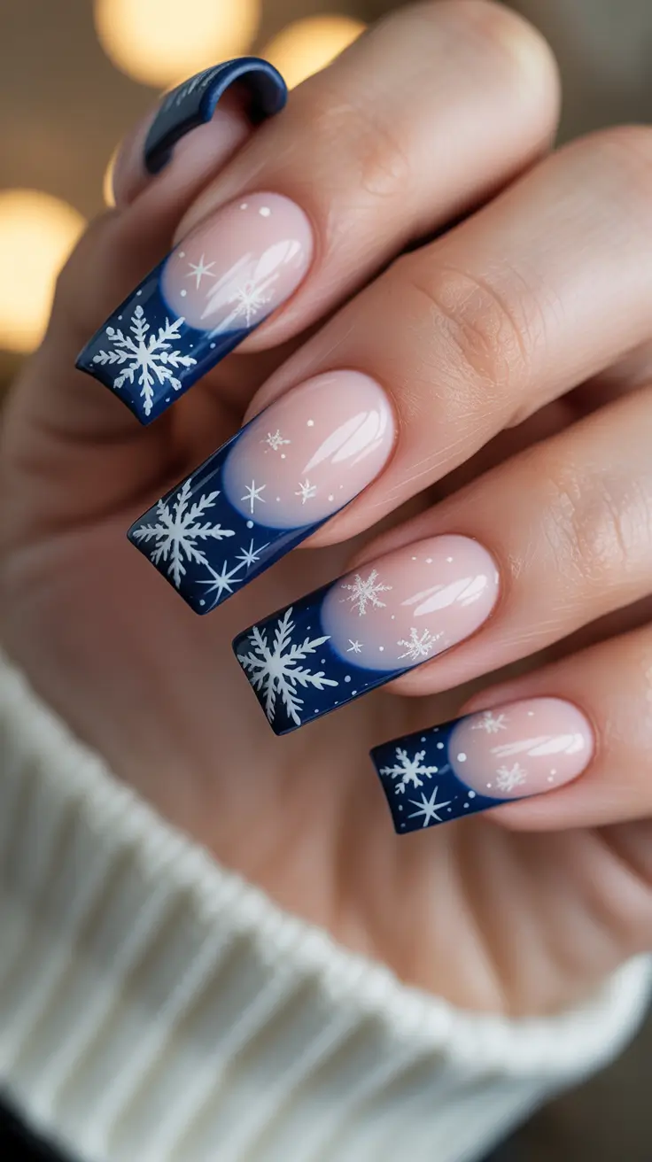 Trendy Winter Nail Designs & Colors 2025–2026 - Navy Snowflake French With Starry Tips