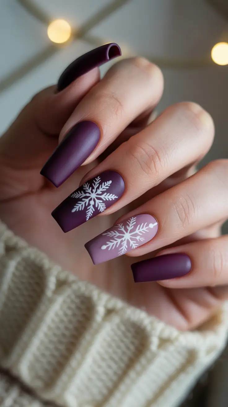 Trendy Winter Nail Designs & Colors 2025–2026 - Matte Plum Snowfall Squares