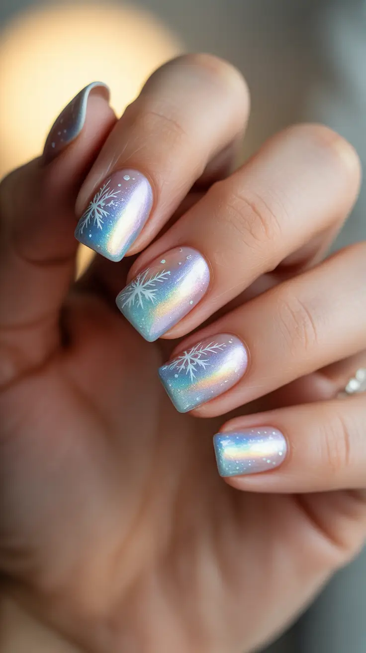 Trendy Winter Nail Designs and Color for 2025-2026, Aurora Chrome Snowflakes