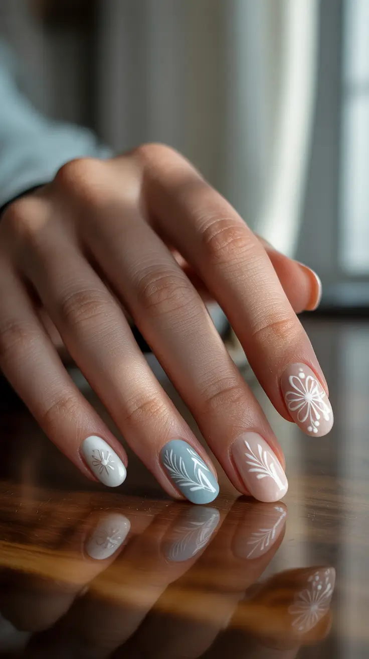 Trendy Winter Nail Designs & Colors 2025–2026 - Sage & Cream Frost Ferns