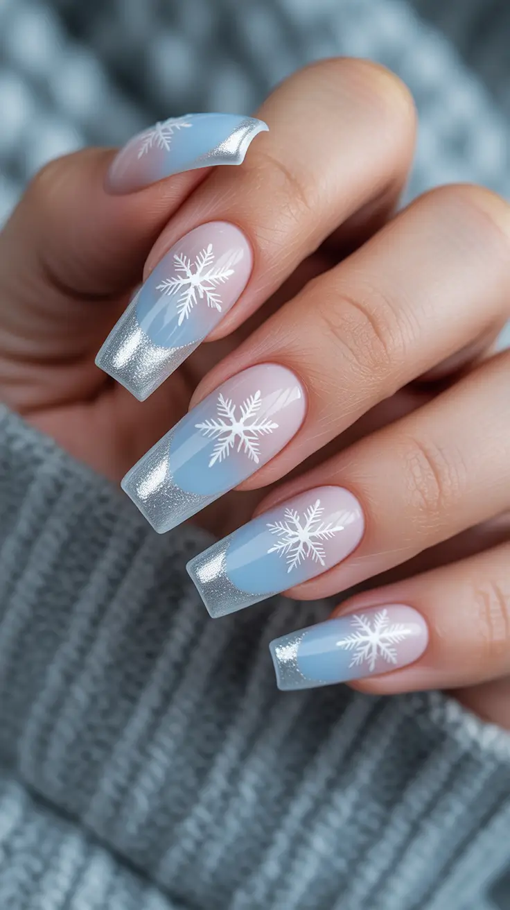Trendy Winter Nail Designs & Colors 2025–2026 - Icy Blue French With Silver Fade