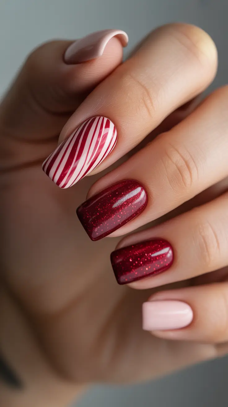 Trendy Winter Nail Designs & Colors 2025–2026 - Red Velvet Stripes