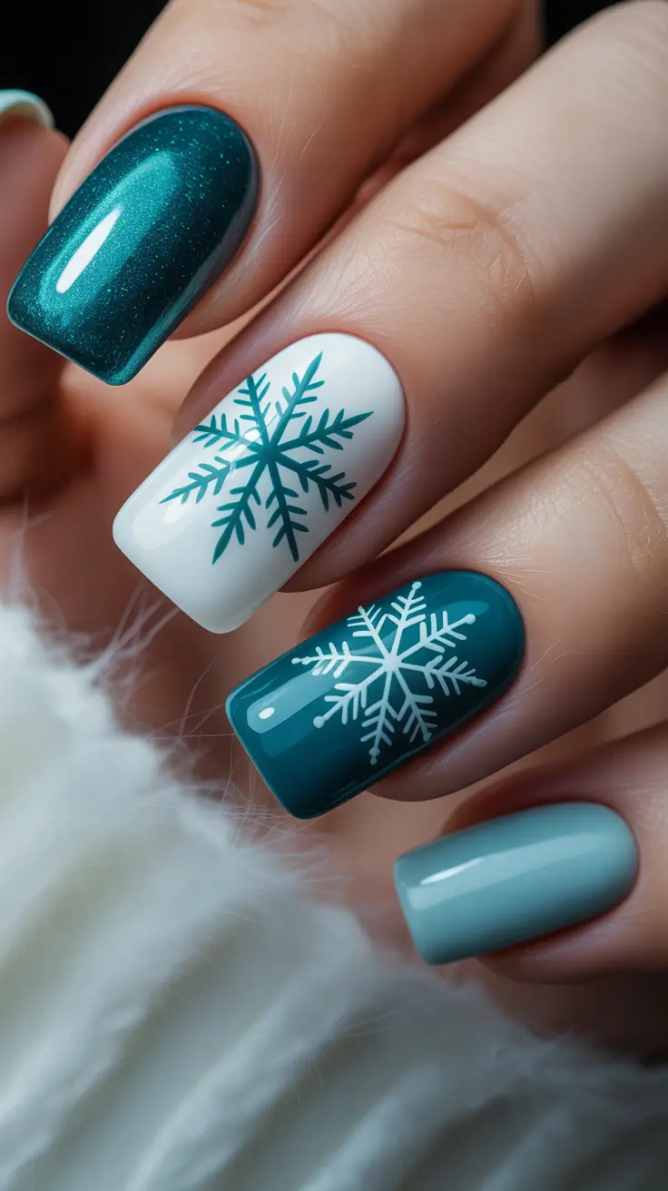 Trendy Winter Nail Designs & Colors 2025–2026 - Teal Snowlight Mix