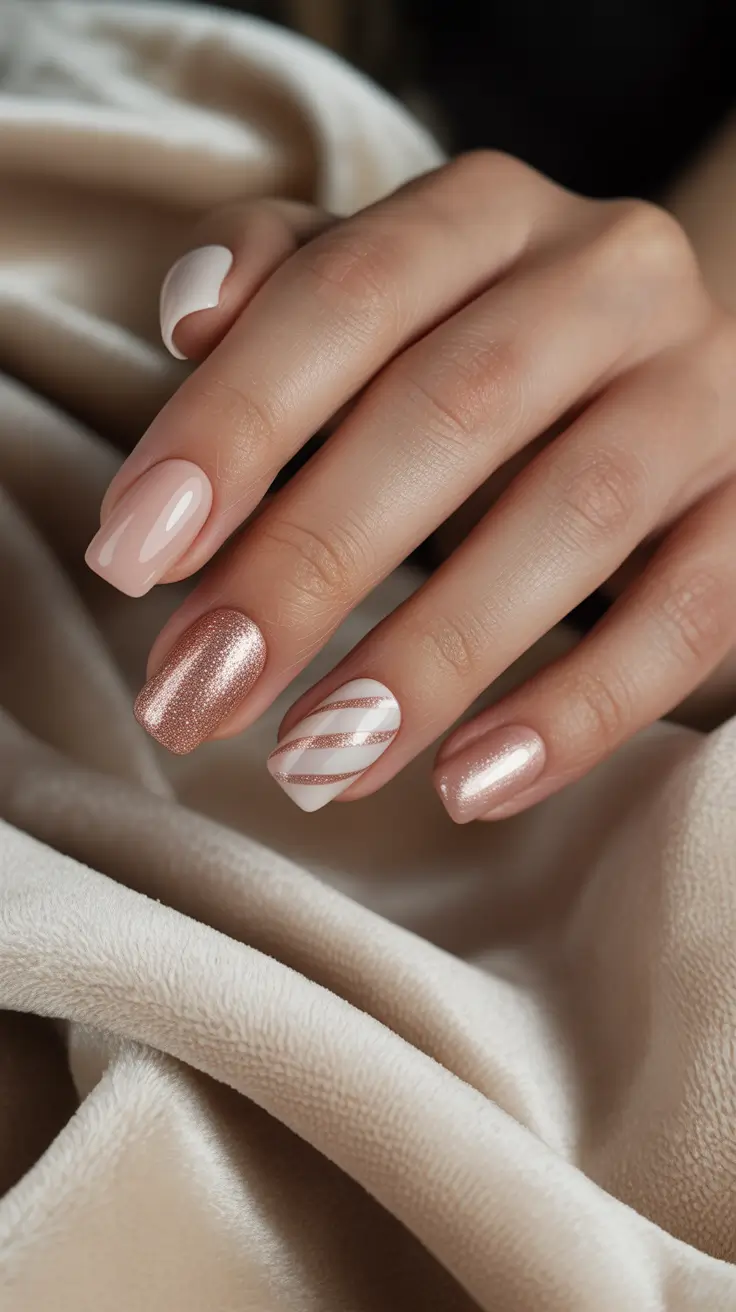 Trendy Winter Nail Designs & Colors 2025-2026 - Champagne Glaze With Blush Ribbons