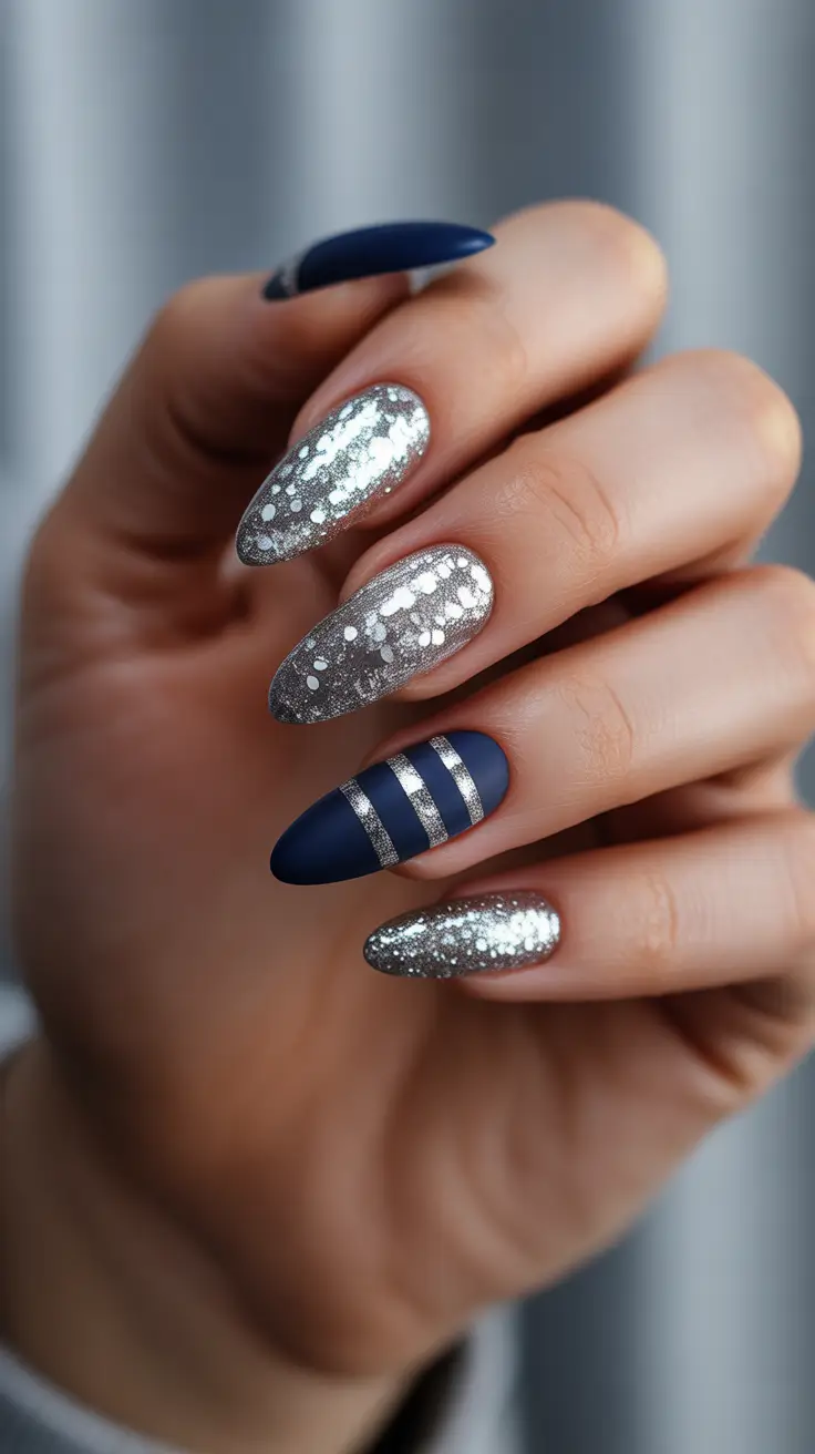 Trendy Winter Nail Designs & Colors 2025–2026 - Midnight Navy With Platinum Sparkle