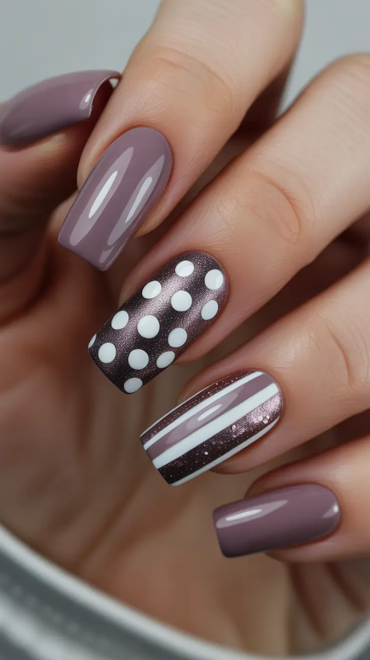 Trendy Winter Nail Designs & Colors 2025–2026 - Mauve Cocoa Dots & Lines