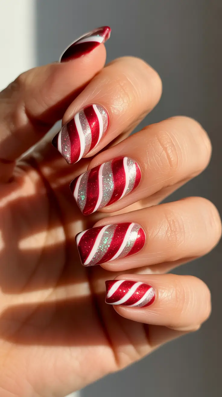 Trendy Winter Nail Designs & Colors 2025–2026 - Candy Cane Ribbon Swirl