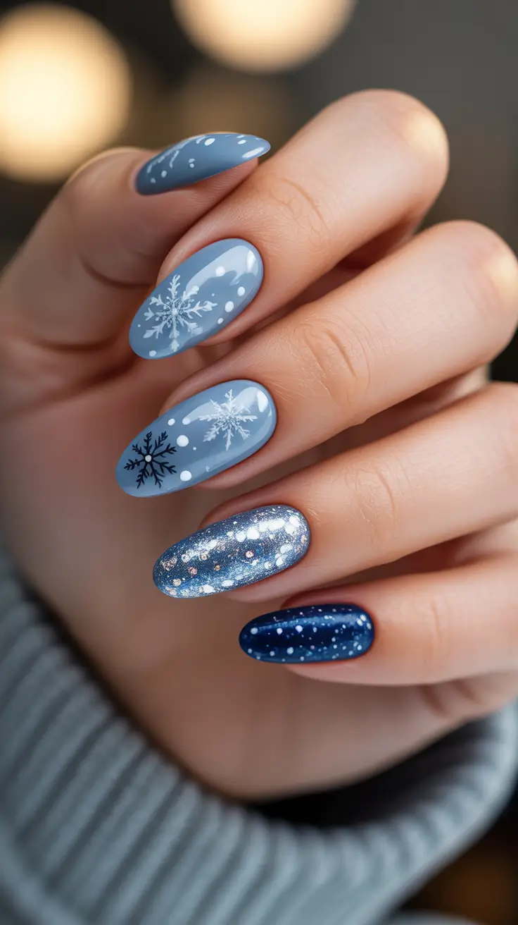 Trendy Winter Nail Ideas 2025-2026 + Soft Ice Blue Almond Mix With Starlit Sparkle