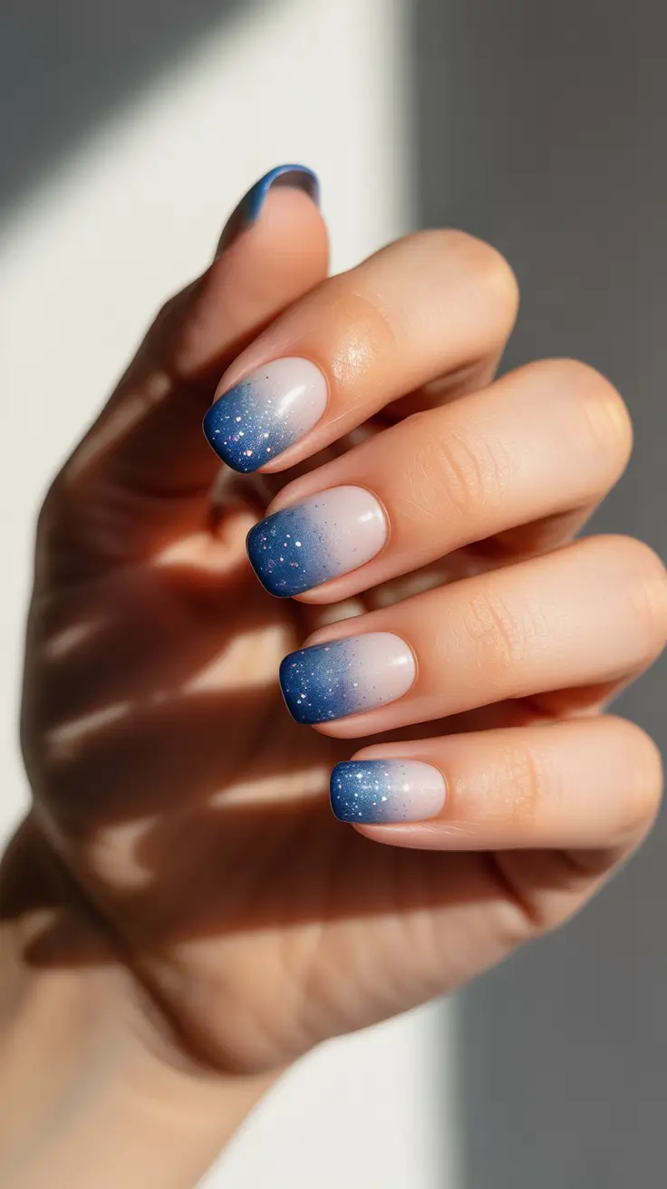 Trendy Winter Nail Ideas 2025-2026 + Faded Midnight Snow- Short Sparkle Ombre