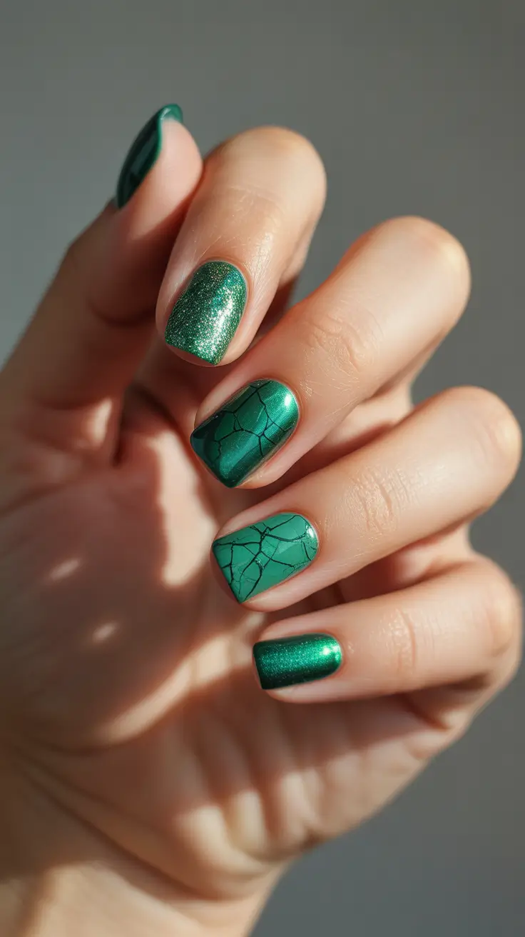 Trendy Winter Nail Ideas 2025–2026 - Emerald Marble Spark With Short Shine