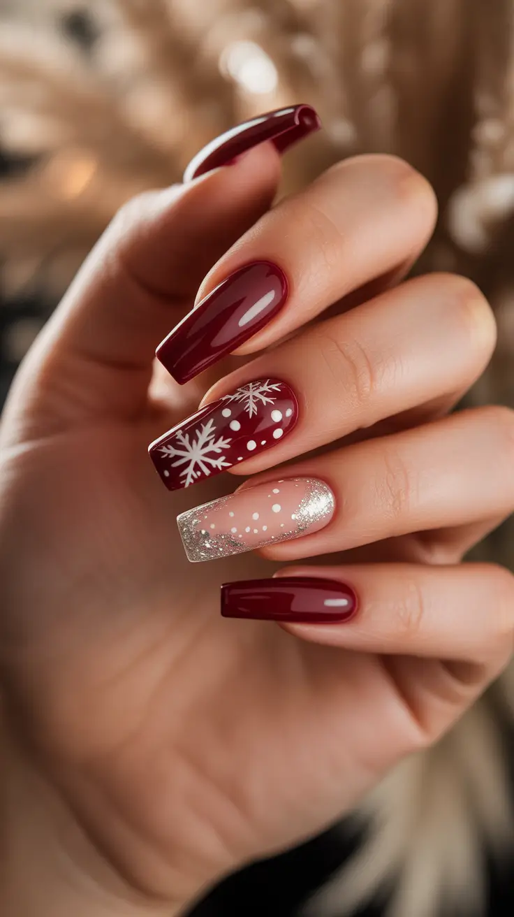 Trendy Winter Nail Ideas 2025–2026 - Cranberry Snowflakes On Long Coffins