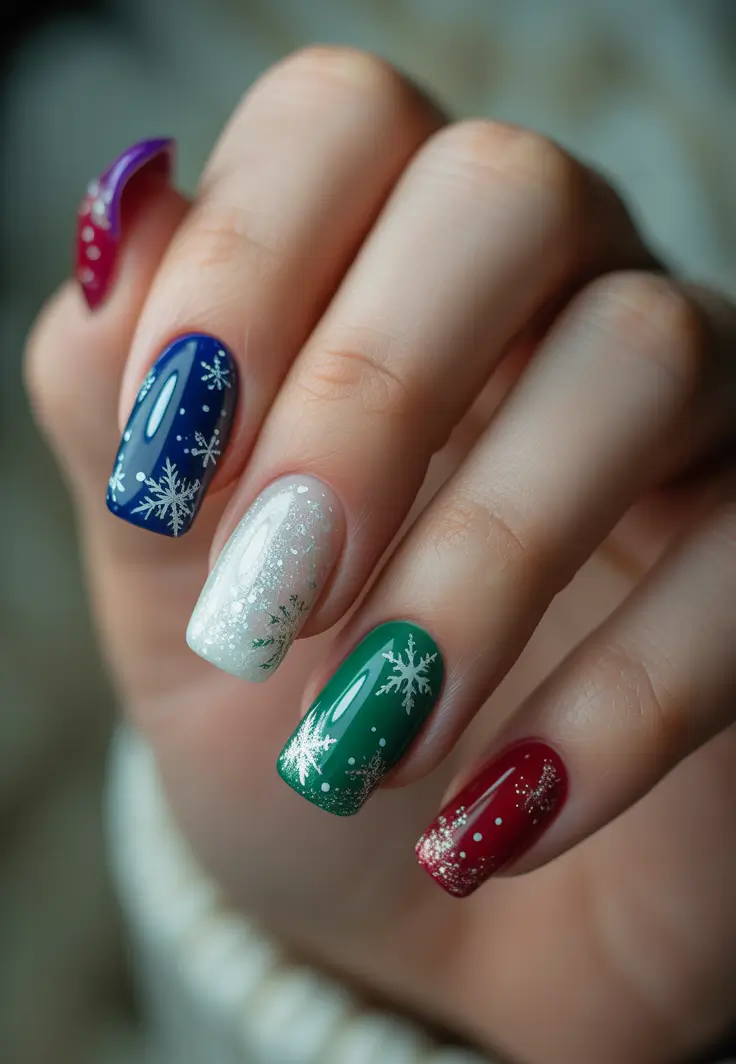Trendy Winter Nail Ideas 2025–2026 + Color-Blocked Holiday Mix With Snowy Accents