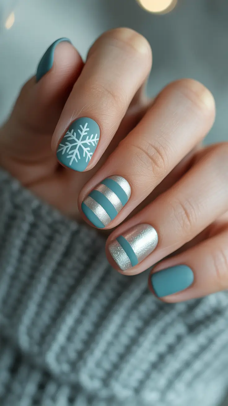 Trendy Winter Nail Ideas 2025–2026 - Wilte Teal Snowflake With Silver Stripes