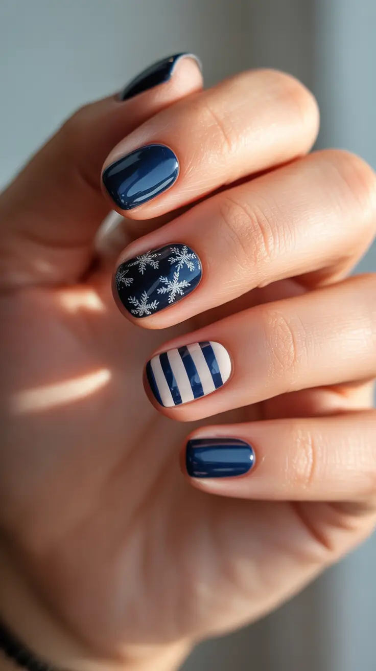 Trendy Winter Nail Ideas 2025–2026 + Navy Stripes And Mini Flakes - Short & Chic