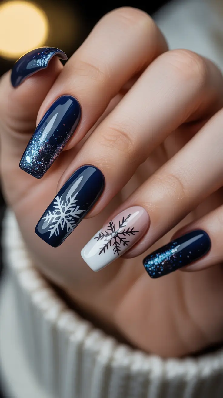 Trendy Winter Nail Ideas 2025–2026 - Midnight Snowflakes With High-Gloss Navy