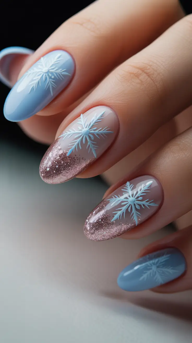 Trendy Winter Nail Ideas 2025–2026 - Icy Almonds With Rose-Glitter Fade