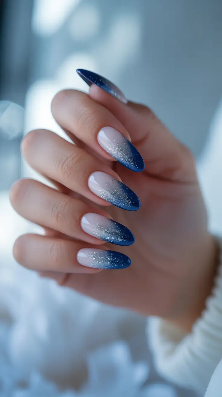 Chic Winter Nail ideas 2025-2026 - Midnight Frost Ombre on Almond