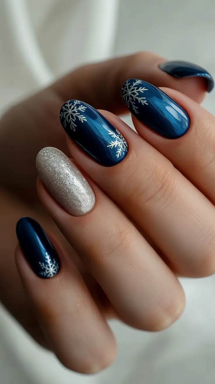 Chic Winter Nail ideas 2025-2026 - Midnight Navy With Silver Snowflake Accent