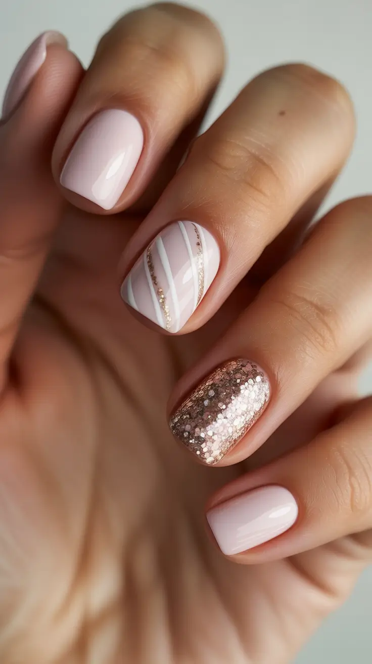 Chic Winter Nail ideas 2025-2026 - Rose-Gold Ribbon Shorties