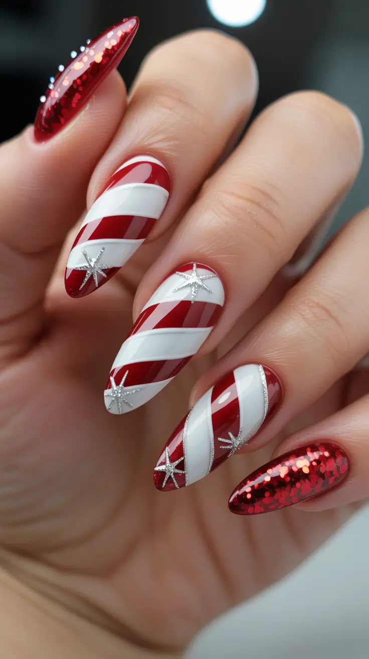 Chic Winter Nail ideas 2025-2026 - Candy-Cane Almond with Starbursts