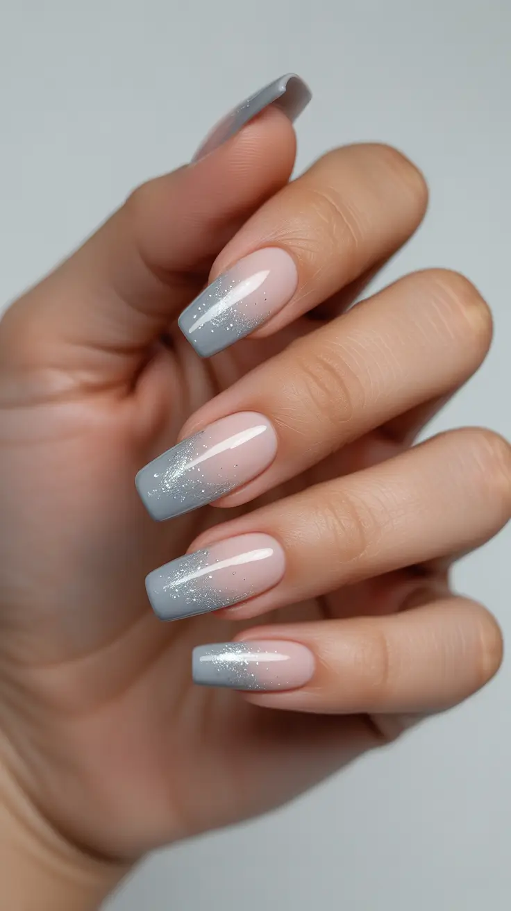 Chic Winter Nail ideas 2025-2026 - Cloud-Gray Sparkle Fade on Soft Square