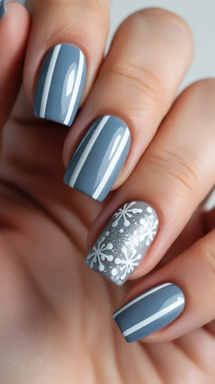 Chic Winter Nail ideas 2025-2026 - Graphite Lines with Glitter Snow Accent