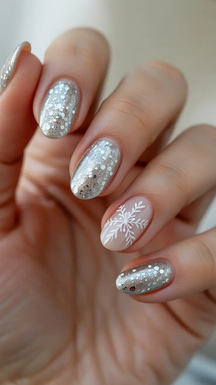 Chic Winter Nail ideas 2025-2026 - Champagne Glitter With Delicate White Snowflake