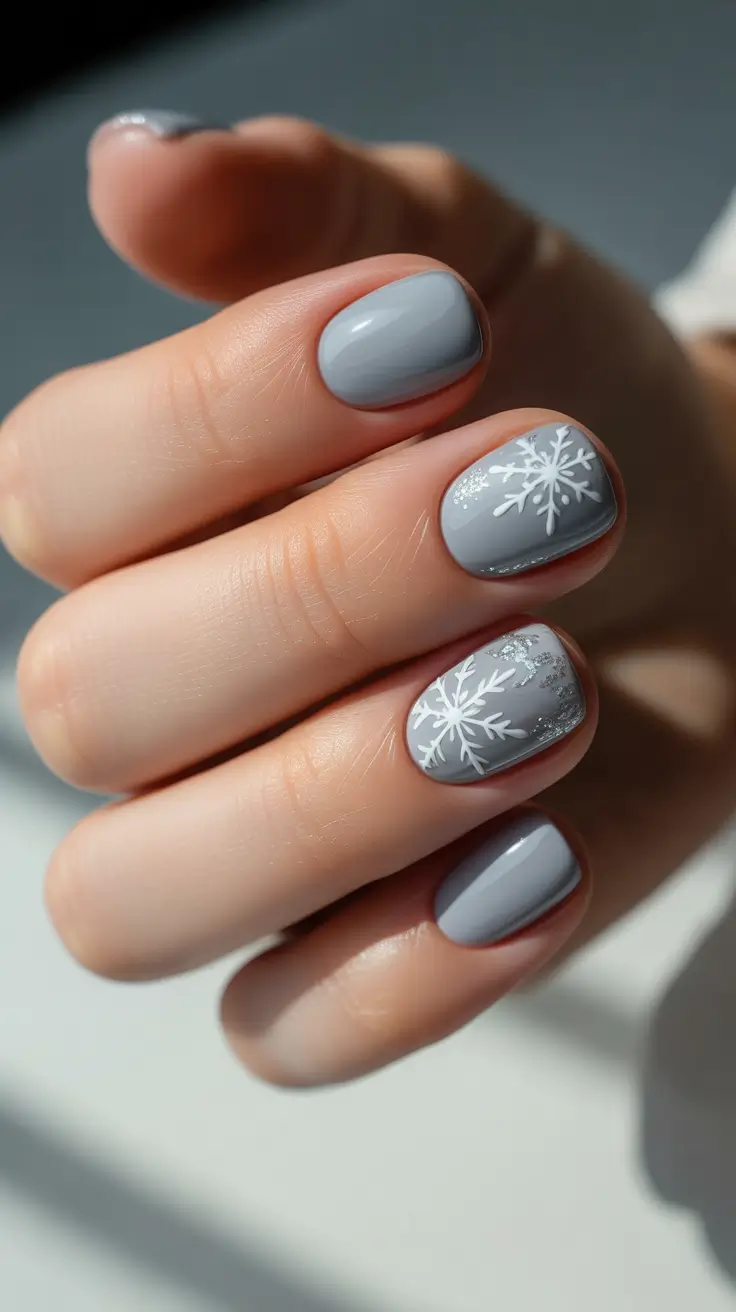 Chic Winter Nail ideas 2025-2026 - Cloud-Grey Shorties With Minimal Snowflakes